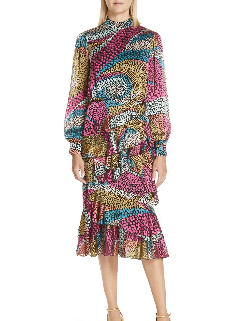 Saloni Isa Polka Dot Devoré Satin Ruffle Midi Dress - Multi Wavy Dotty - Size 10